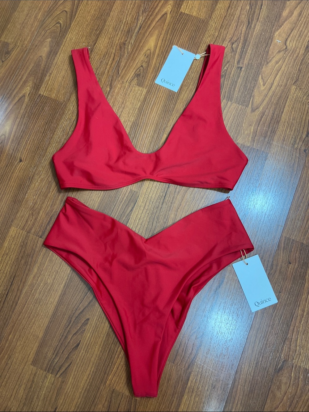 QUINCE Sz L Italian Plunge Top & Italian High-Leg Bikini Bottom Cherry (Red) NWT